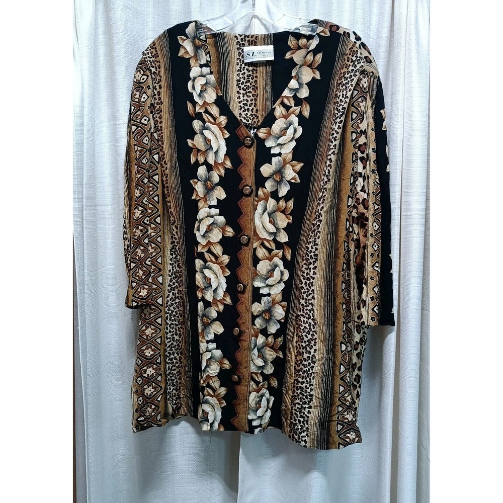 S.L. Fashions Women's Floral/Leopard Print Button Up Tunic Top 90's Vtg